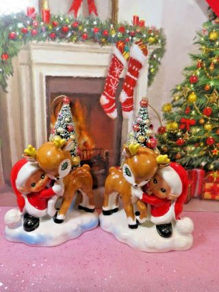 Vtg Lefton Christmas Santa Pixie Elves W Reindeer Candle Holders W Frosted Trees