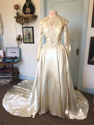 Vintage 1940s Liquid Satin Beaded Wedding Dress With Train