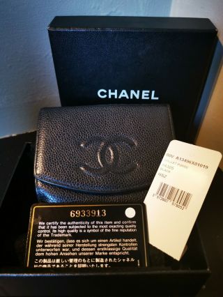 100 Authentic Chanel Cc Logo Black Caviar Skin Bifold Wallet Complete Inclusion