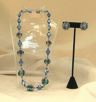 Vendome Aurora Borealis Blue Green Foil Art Glass Necklace & Clip Earring Set