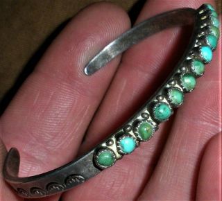 Antique C.  1930 Zuni Coin Silver 13 Turquoise Bracelet Great Early Stamps Vafo