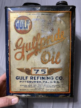 Early Vintage Gulf Refining 75 Gulfpride Oil One 1 Gallon Can
