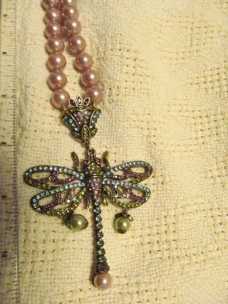Vintage Heidi Daus Dragonfly Swarovski Crystals Pendant Pearl Necklace Art Deco