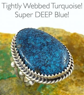 Big Vintage Navajo Sterling Silver Intense Kingman Spiderweb Turquoise Ring Sz 7