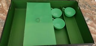 Vintage 1940s Picnic Set Warren Suitcase Green Plates Cups,  Bakelite Flatware 8