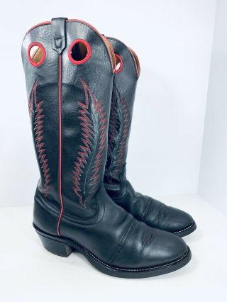 Vtg Western Buckaroo Tall Cowboy Boots Black Red Stitch Mens Size 12 D Usa Made