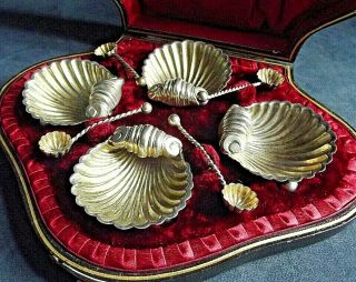 Cased Silver Plate & Gilt Scallop Shell Salt Pots & Spoons C1900