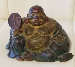Vintage Carved Wooden Buddha Figure Figurine Hotei Asian Oriental