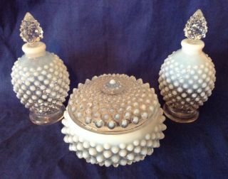 Vintage Fenton Art Glass French Opalescent Hobnail Powder & Perfume Set