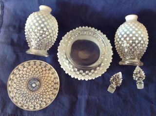 VINTAGE FENTON ART GLASS FRENCH OPALESCENT HOBNAIL POWDER & PERFUME SET 2