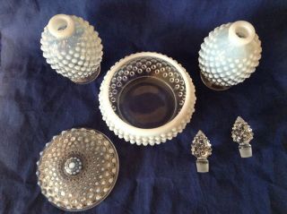 VINTAGE FENTON ART GLASS FRENCH OPALESCENT HOBNAIL POWDER & PERFUME SET 3