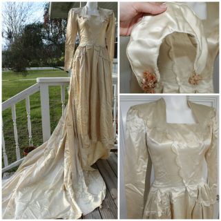 1940s Antique Wedding Dress Liquid Satin Peplum W/ Tiara Vintage Cream Sz 2/4