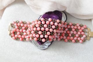 Wide French Art Deco Vintage Brass & Pink Swirl Glass Bead Bracelet 7.  5 In