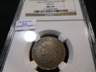 Y20 French Antilles Guadeloupe 1903 Essai Pattern 50c Ngc Ms - 64 Rare As Pattern