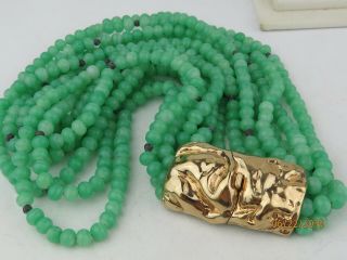 Vintage Signed Ciner Jade Green Glass Multi Strand Necklace