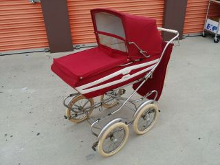 Vintage Italian Perego Baby Stroller Carriage Buggy Burgundy Red - Made In Italy
