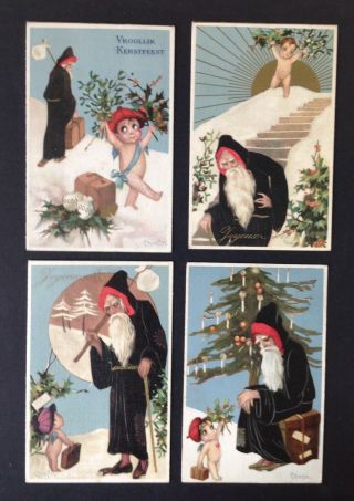 Vintage Signed Chiostri Santa Postcards (4) Joyeux Noel Or Perhaps Father Time?