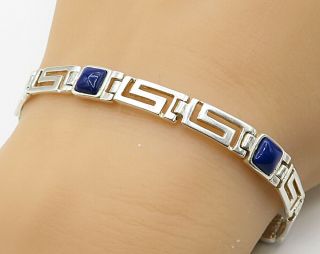 925 Sterling Silver - Vintage Lapis Lazuli Greek Key Tennis Bracelet - B3738