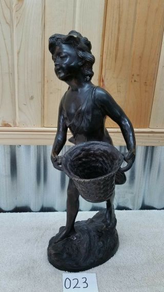 17.  5 " Vintage Lady Young Girl Holding Basket Bronze Art Figurine Sculpture