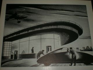1944 FUTURE GAS STATION FUTURISTIC CAR HELICOPTER vtg HOUDRY Trade art print ad 2