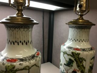 Vintage Chinese Porcelain lamps set of 2 Wood And Brass Bases Red Chop 4