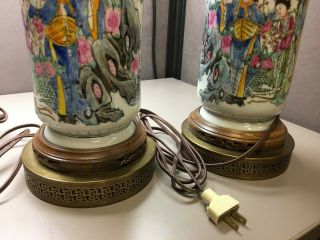 Vintage Chinese Porcelain lamps set of 2 Wood And Brass Bases Red Chop 6