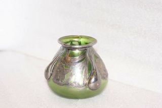 Alvin MFG Co 999/1000 Fine Silver Overlay Green Glass Vase Art Nouveau RARE 2