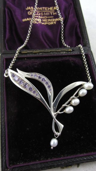 Vintage Silver Amethyst And Pearl Art Nouveau On Style Necklace Lavalier 925 Jj