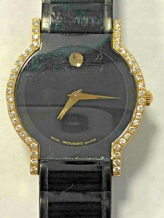 Rare Movado Horizon 18k Yellow Gold Diamond Bezel Black Stainless Steel Watch