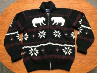 Mens Vintage Polo Ralph Lauren Wool Full Zip Heavy Duty Cowichan Sweater Large