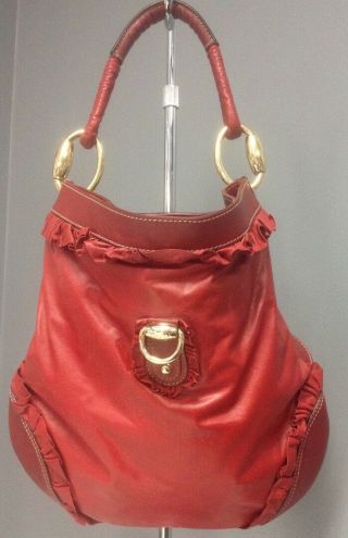 Gucci Vintage Red Leather Ruffle Trim Gold Tone Hardware Hobo Shoulder Bag B4822