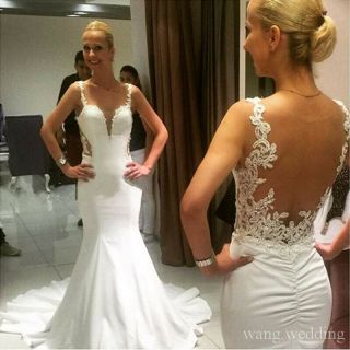 Vintage Mermaid Wedding Dresses Illusion Backless Appliques Lace Bridal Gowns