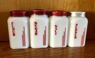 Vintage Hazel Atlas Salt Pepper Sugar Flour Range Shaker Jars Red Vertical Lines