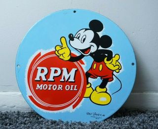 Rare Vintage Rpm Motor Oil Mickey Mouse Porcelain Sign Gas Station Pump Plate