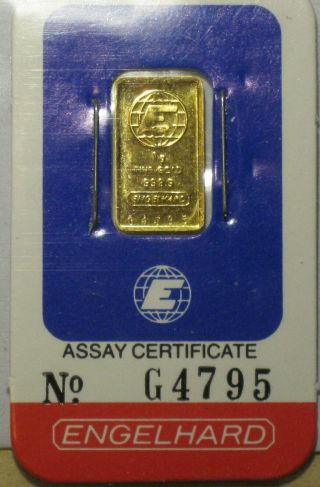 Engelhard 999.  9 Pure Gold 1 Gram Vintage Assay Bar Certificate