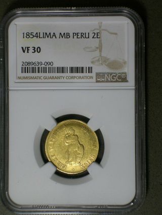 Republic Of Peru 1854 Lima Gold 2 Escudos Ngc Vf - 30 Very Rare Only 5 Known