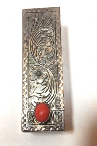 Vintage Sterling Silver 800 Lipstick Holder Case W/mirror Cabochon Coral