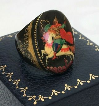 Vintage Old Russian Ring Papier Mache George Dragon Intricate Vibrant Size Q