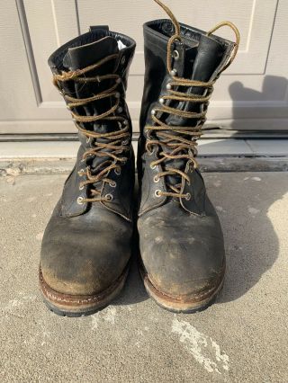 Vtg Red Wing Tall Fire - Fighter Boots Black Leather Usa Made 10.  5 No Steel Toe