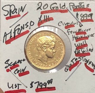 Spain1899 Stunning 20 Gold Pesetas King Alfonso The Xiii - - Detailed Old Rare Coin