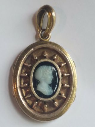 Antique Victorian Gold Filled ? Cameo Mourning Locket Rare 1800s W/ Tintype