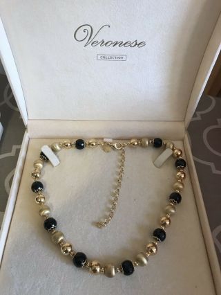 Veronese Sterling Silver 18k Gold Plated Black Faceted Bead Necklace 18 " To 22 "