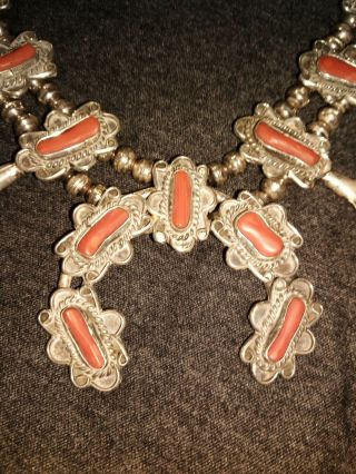 Rare Native American Coral Sterling Silver Squash Blossom Necklace