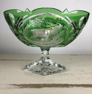 Compote Green To Clear Cut Crystal Vintage Elk Design Rare Gorgeous