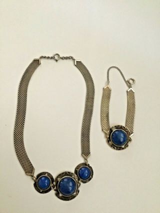 Vintage Art Deco Cobalt Blue Czech Glass Mesh Necklace Matching Bracelet Silver