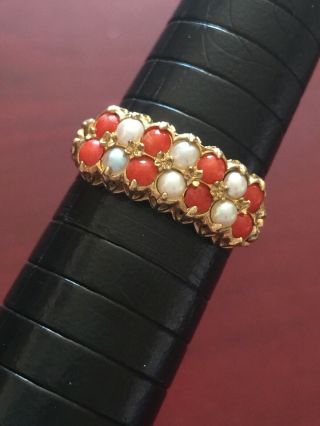 Stunning Vintage 9ct Gold Red Coral And Pearl Ring Size N Or 6.  5