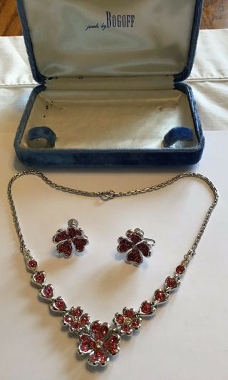 Vintage Bogoff Signed Pink And Clear Rhinestone Necklace & Earrings