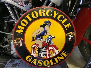 Vintage Porcelain 1948 Signal Motorcycle Gasoline Pump Plate Harley Indian