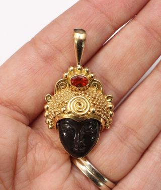 Vintage Sajen 18kt Gold Carved Obsidian Goddess & Citrine Necklace Pendant