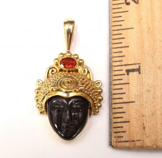 Vintage SAJEN 18kt Gold Carved Obsidian Goddess & Citrine Necklace Pendant 2